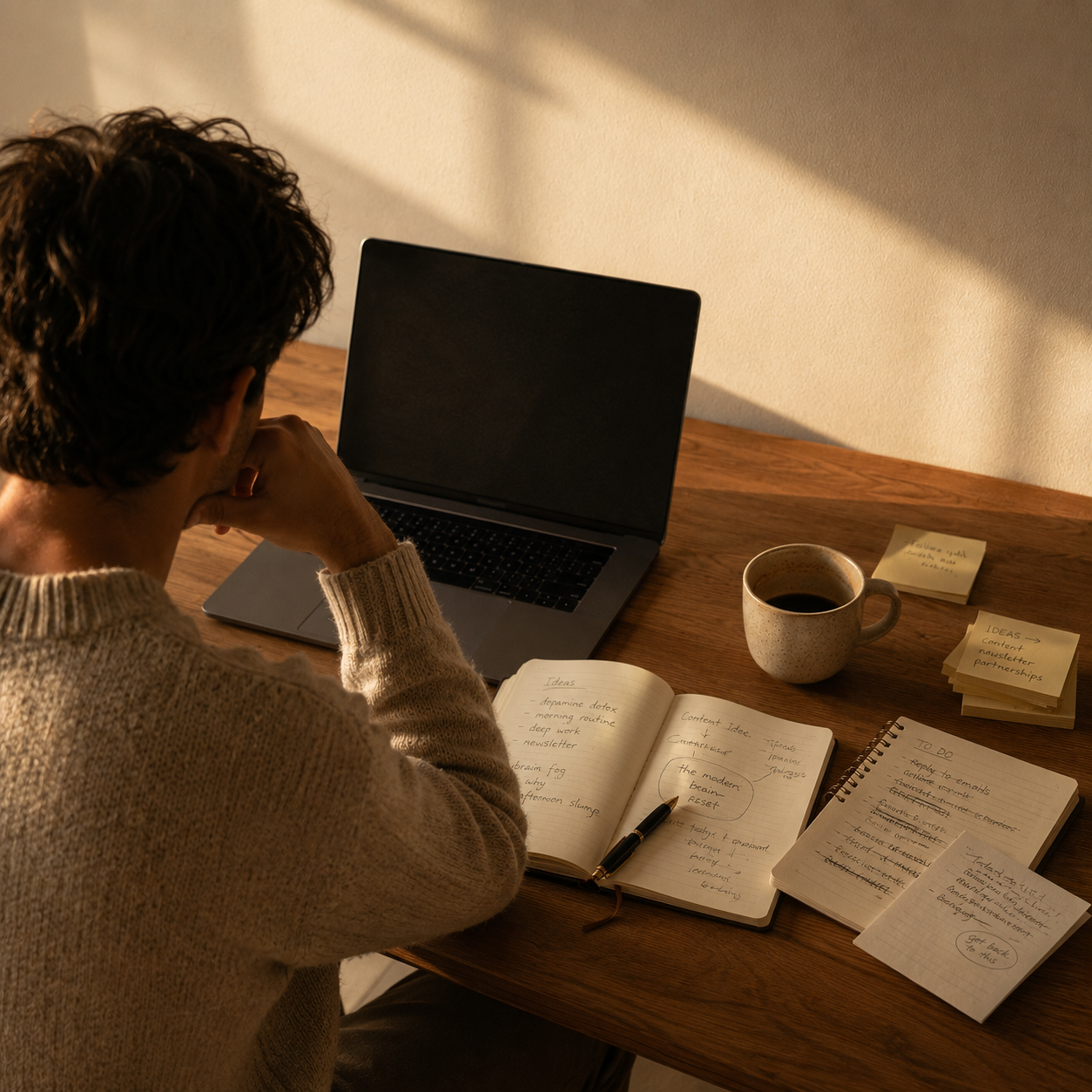 Man focused at his desk in golden afternoon light &mdash; Sproote Flow State