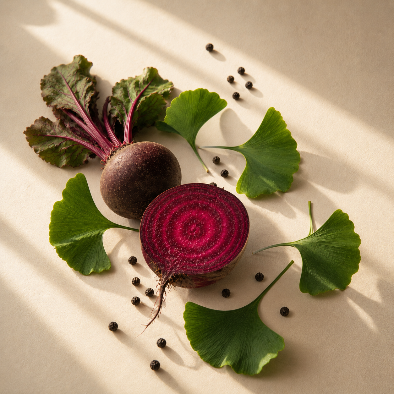 Beetroot and ginkgo botanical flatlay &mdash; Sproote Flow State ingredients