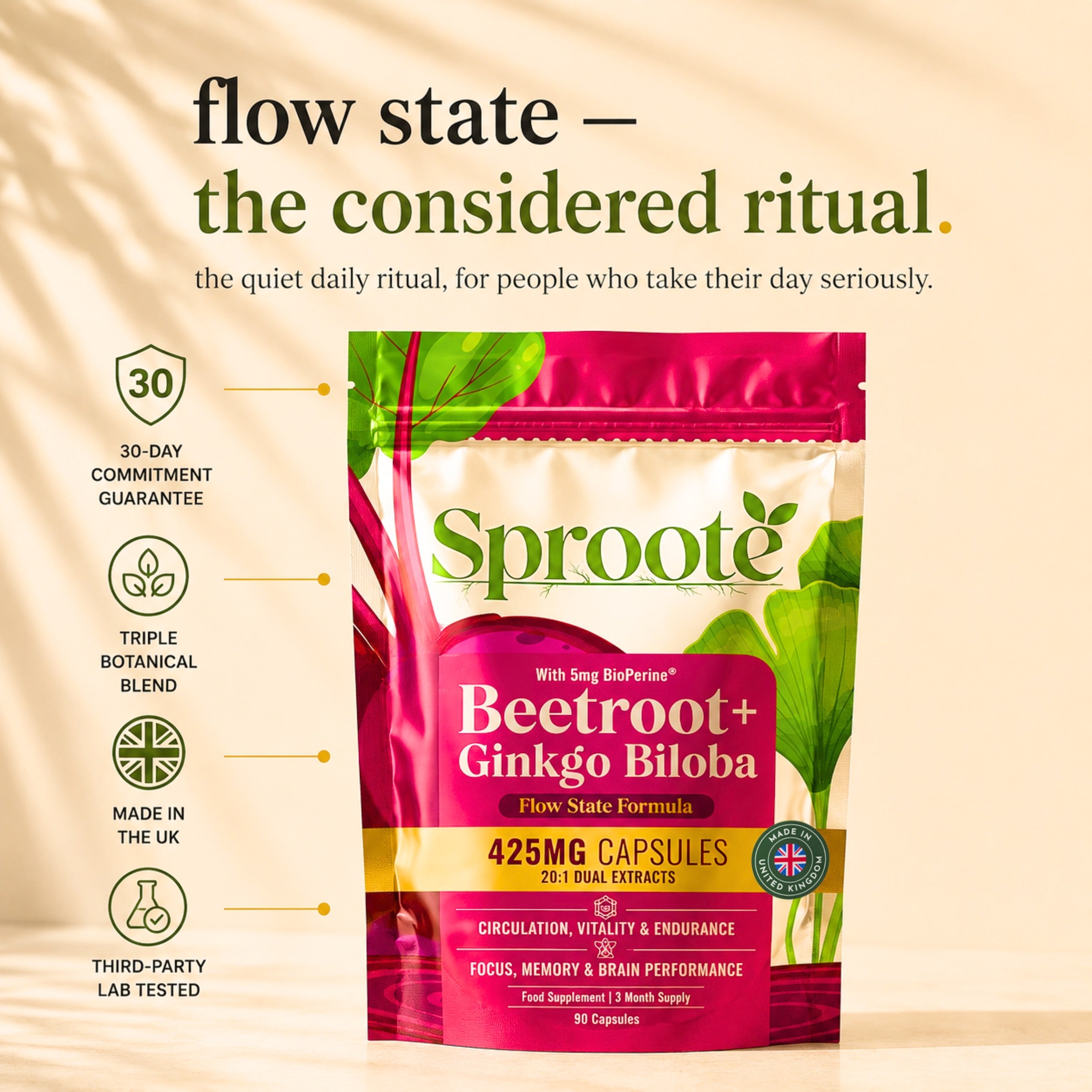 Sproote Flow State Formula &mdash; Beetroot, Ginkgo Biloba and BioPerine capsules pouch