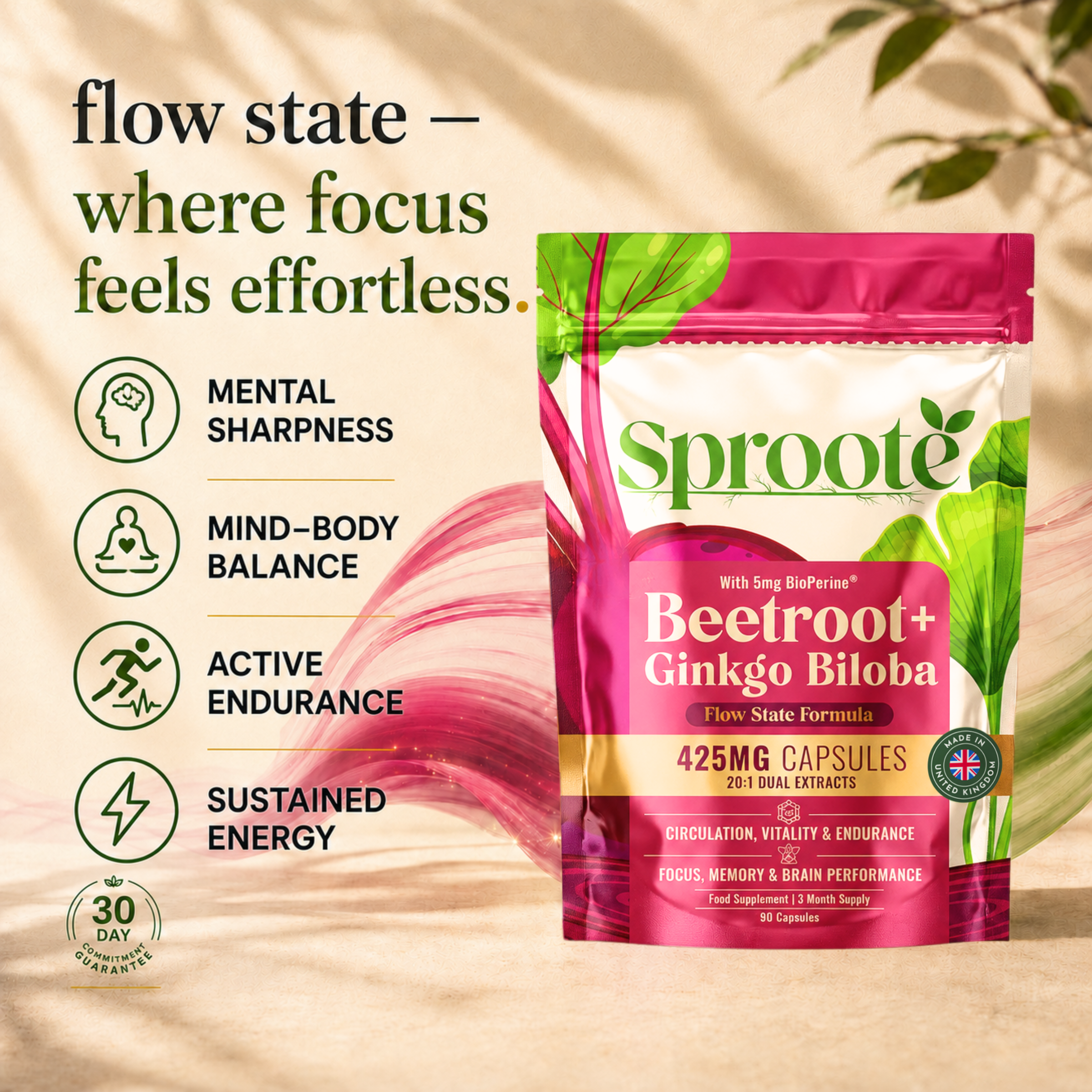 Sproote Flow State Formula &mdash; Beetroot, Ginkgo Biloba and BioPerine capsules pouch