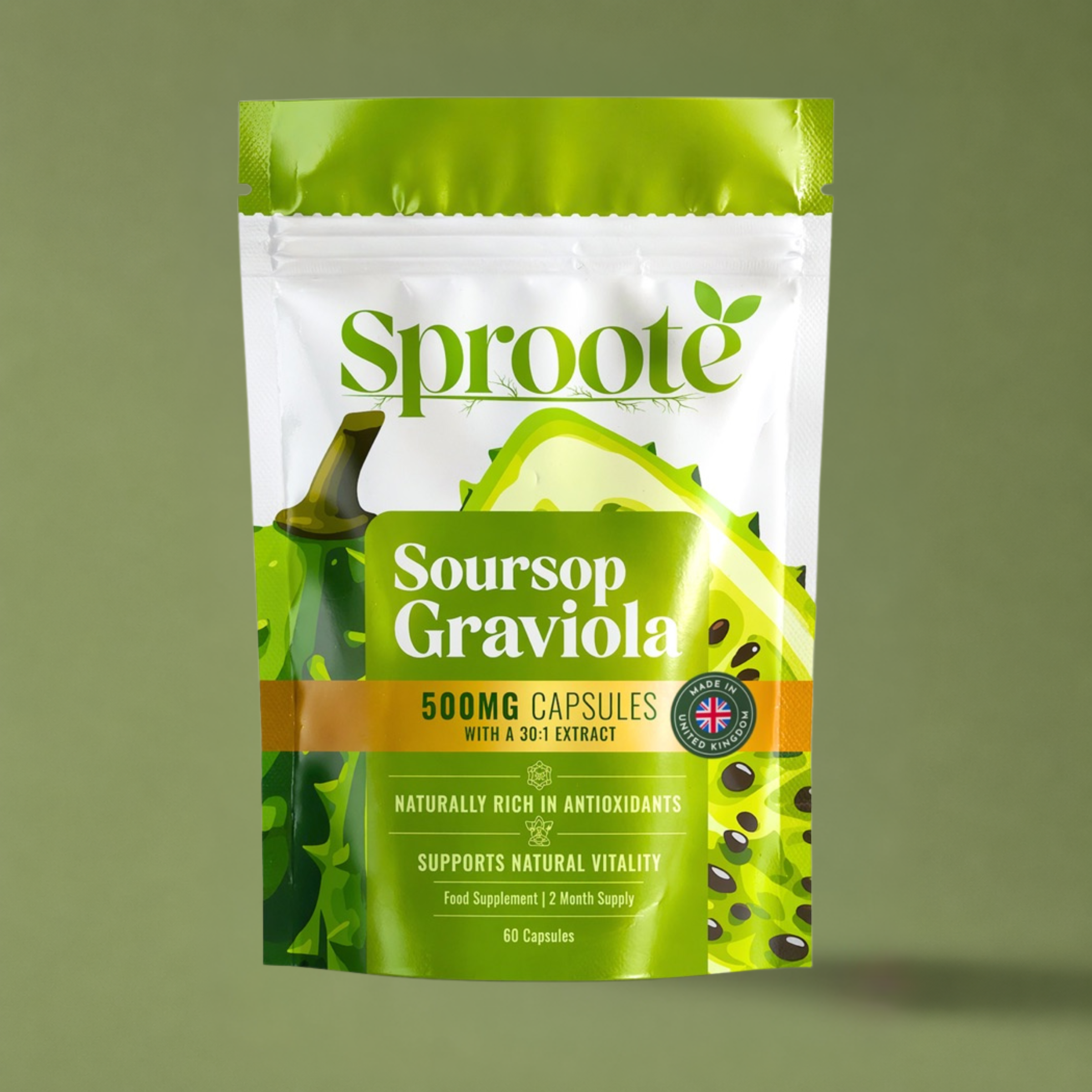 Sproote Soursop Graviola pouch &mdash; 500mg, 30:1 extract, 60 capsules