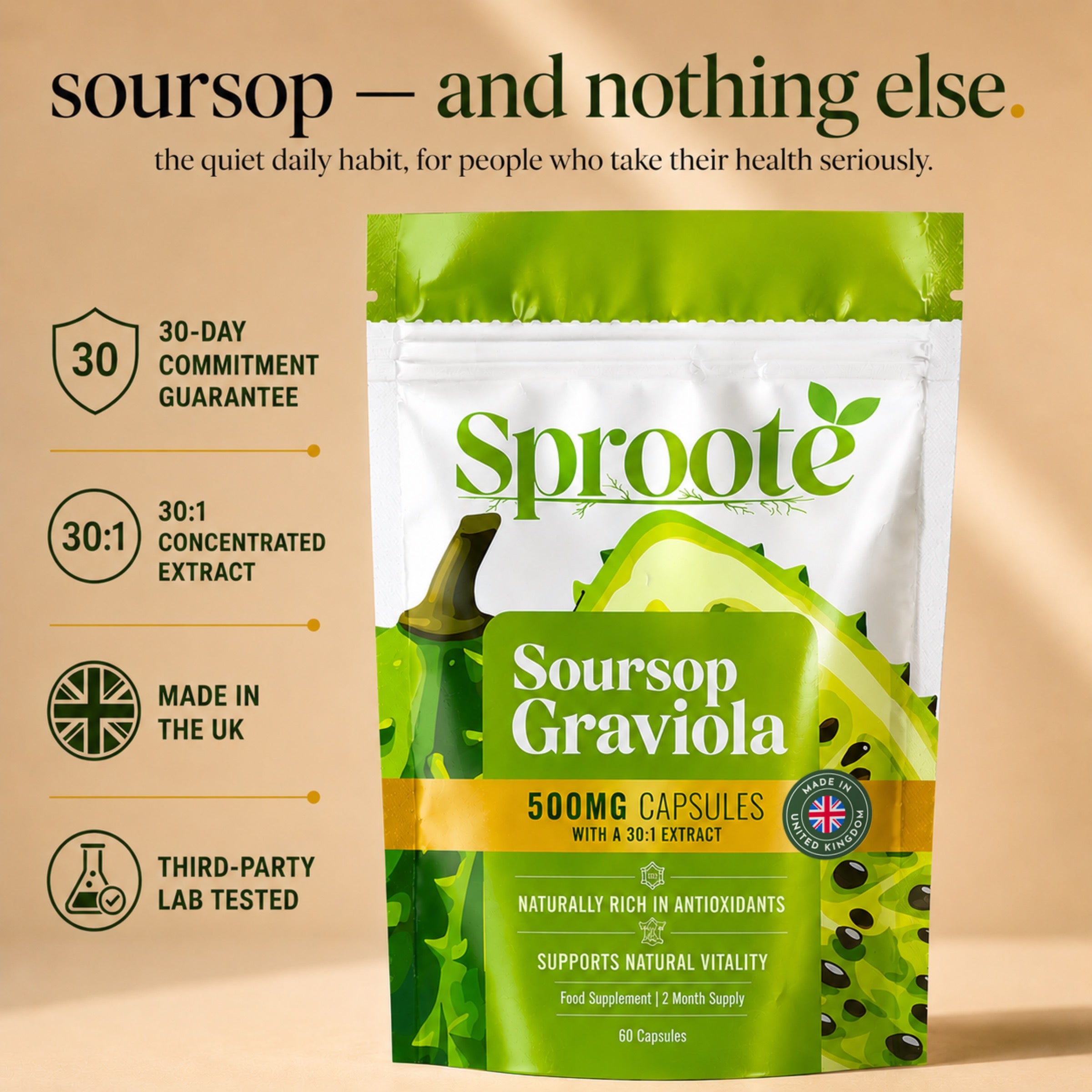 Sproote soursop &mdash; 30-day commitment guarantee, 30:1 concentrated extract, made in the UK, third-party lab tested