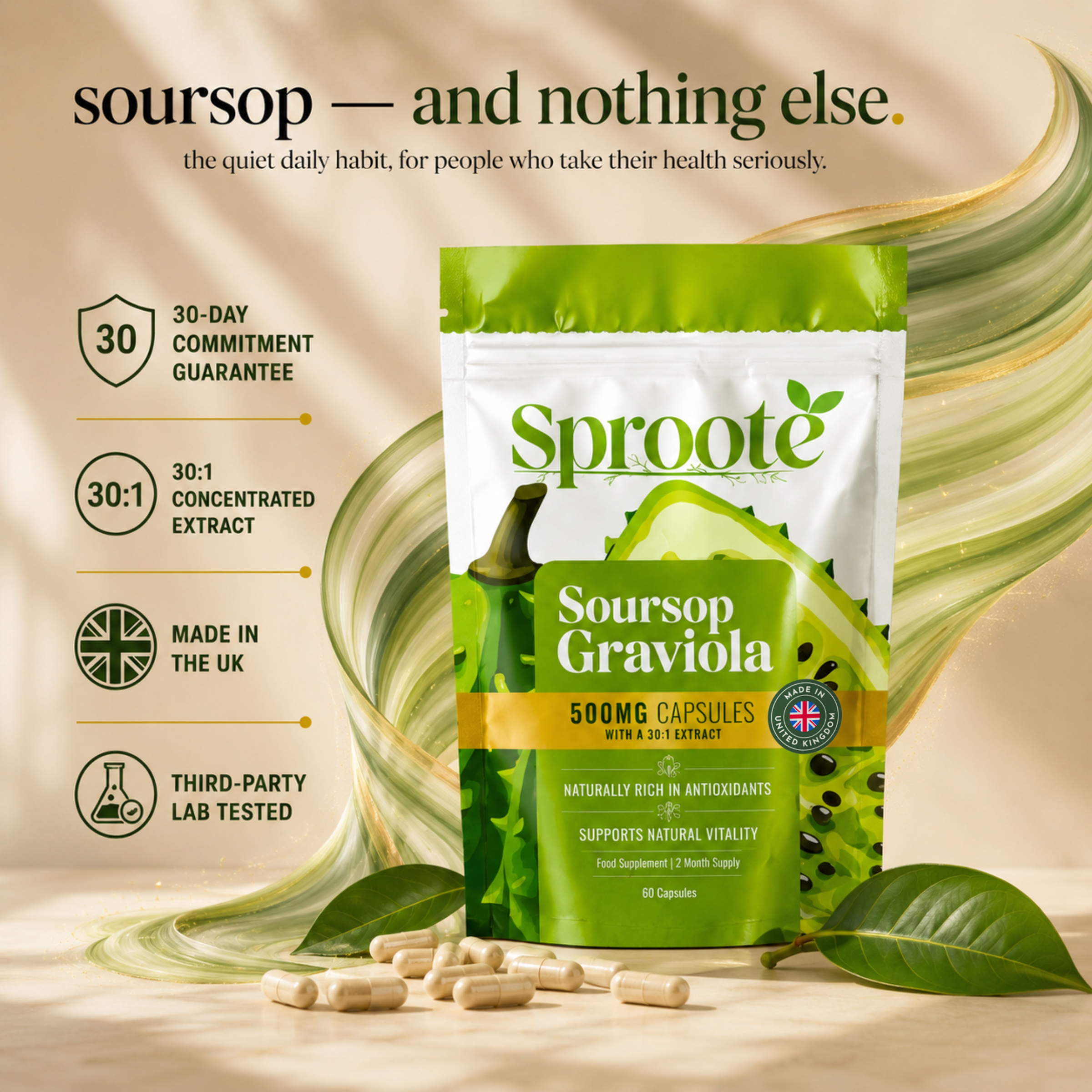 Sproote soursop &mdash; 30-day commitment guarantee, 30:1 concentrated extract, made in the UK, third-party lab tested