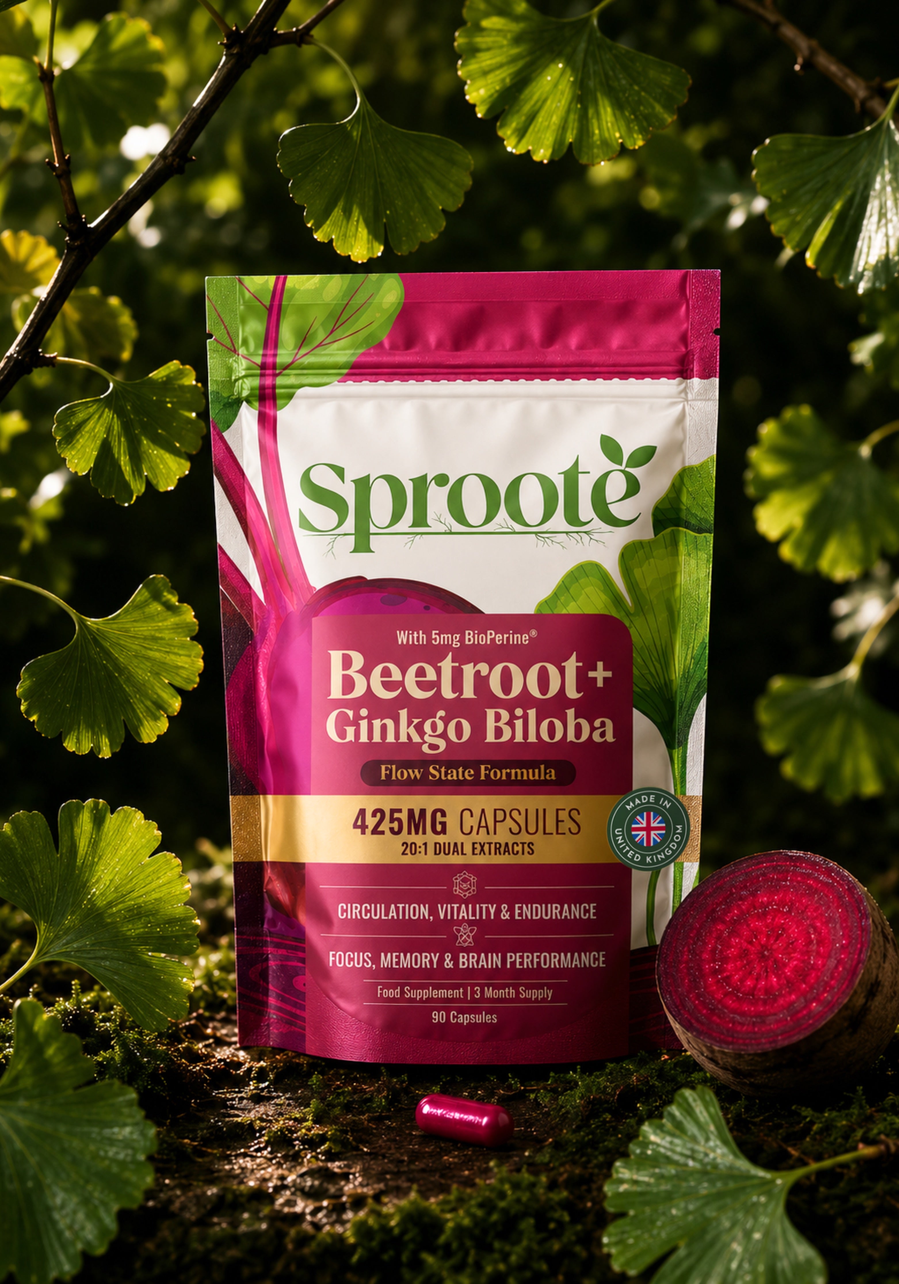 Sproote Flow State Formula Beetroot and Ginkgo Biloba capsules pouch