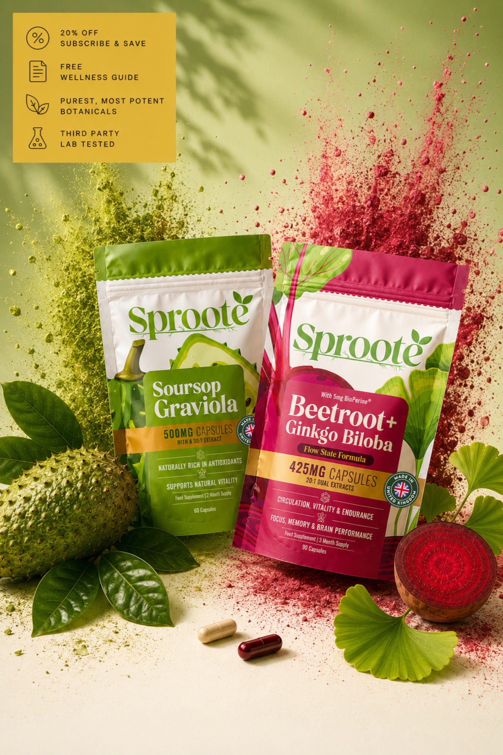 Sproote Soursop Graviola and Flow State Formula pouches with botanical ingredients