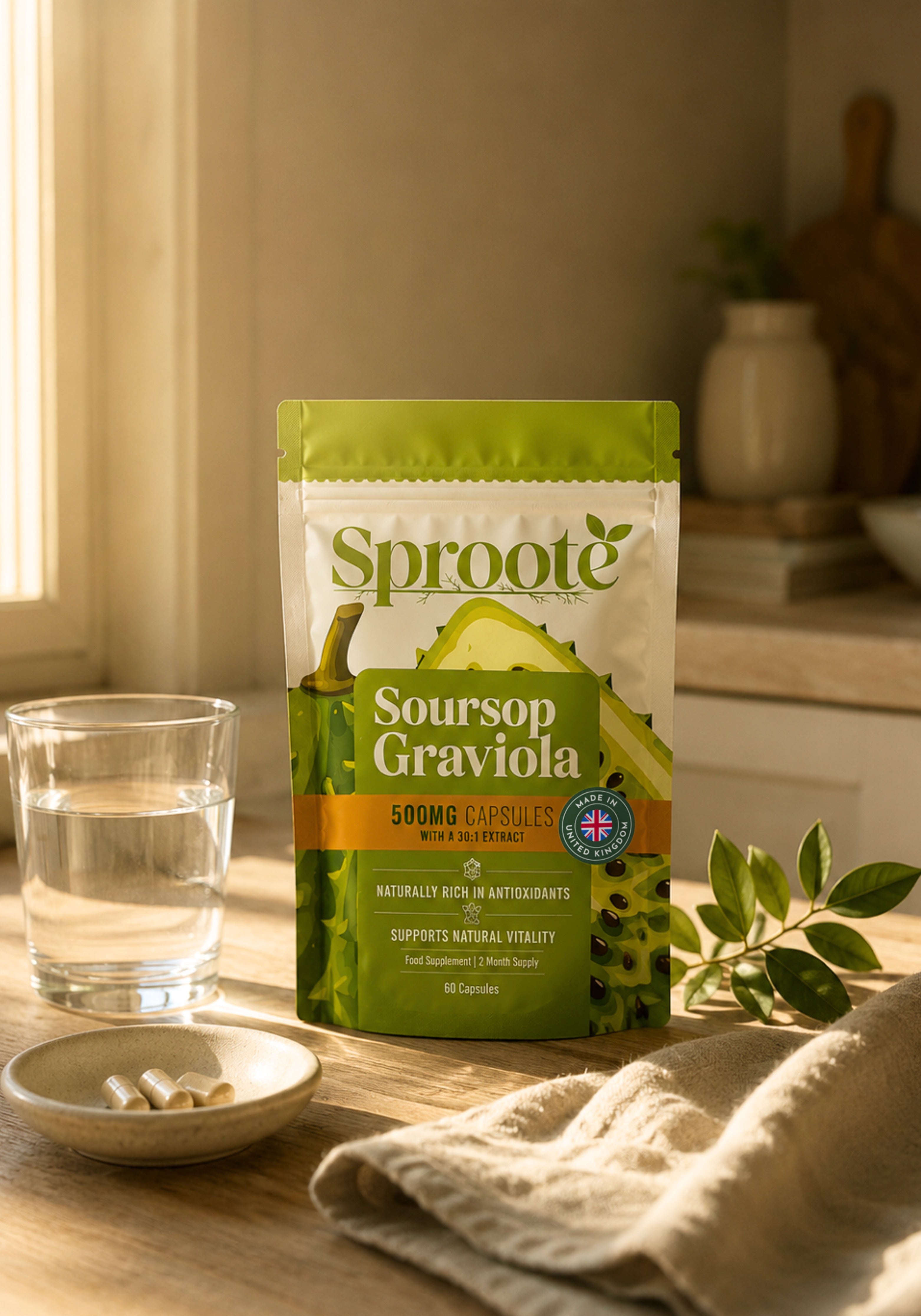 Sproote Soursop Graviola pouch on a sunlit kitchen counter beside a glass of water and a small dish of capsules