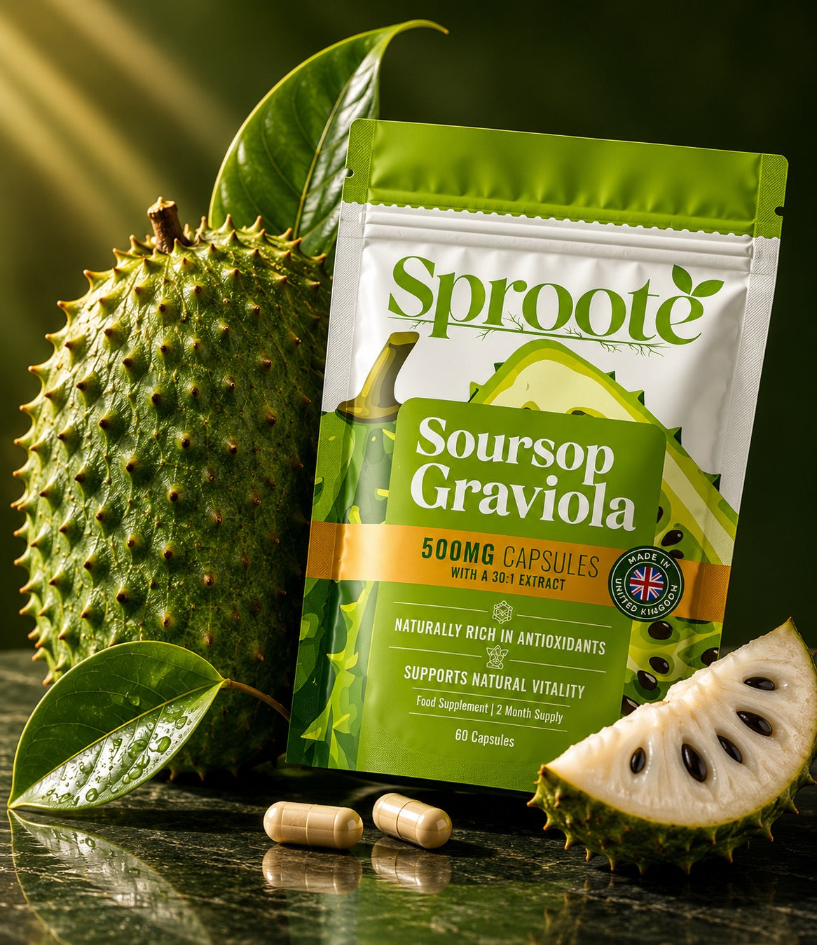 Sproote Soursop Graviola 500mg capsules pouch with soursop fruit